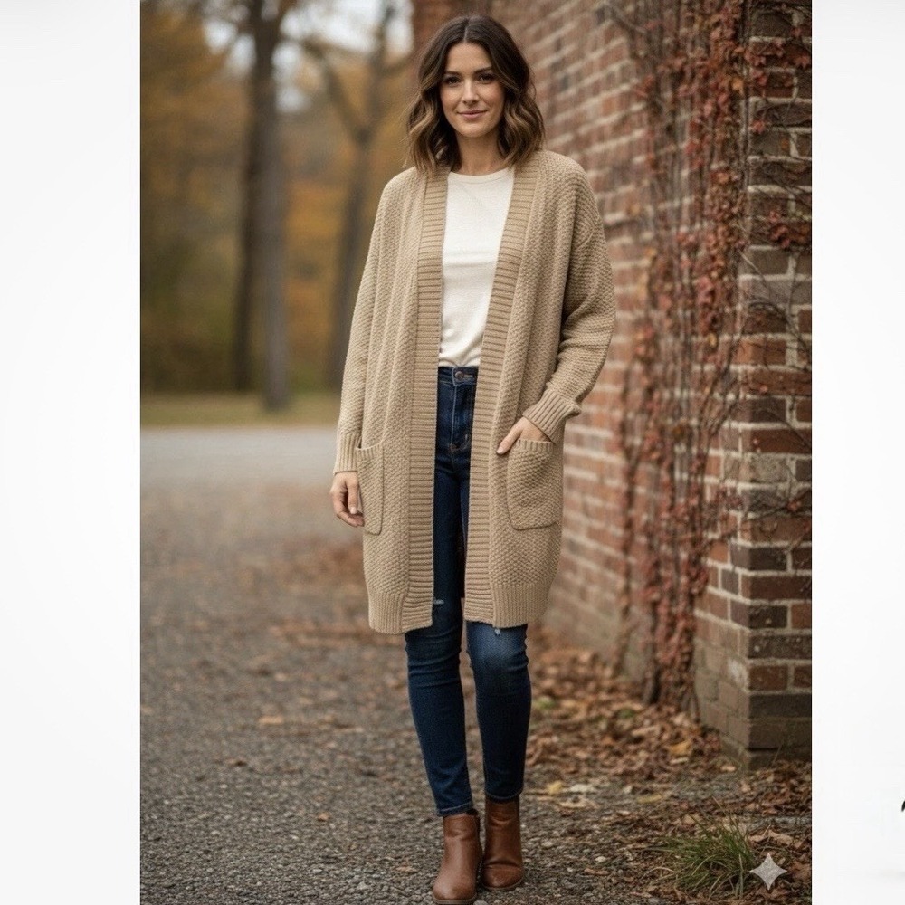 GAP Taupe Textured Cotton Open Front Longline Cardigan Sweater Size M NWT